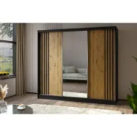 Beautysofa Schiebetürenschrank NELA II 240cm - 3-türig Kleiderschrank, Garderobe, Schrank mit Spiegeln & 4 Schubladen, Farbe: Schwarz+Artisan+Schwarz