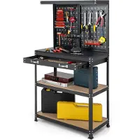 Costway Werkbank mit Lochwand, 3 Ablagen, Schublade, 13 Zubehörteile zum Aufhängen, Arbeitstisch, 81x41x155cm