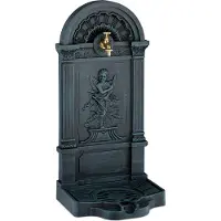 Relaxdays Standbrunnen, antik, Engel-Design, mit Wasserhahn & Becken, HxBxT: 83x39x33 cm, Zapfstelle Garten, grau-grün