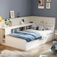 OKWISH Schlafsofa Daybett 90x200cm mit Lattenrost und Schubladen, Tagesbett Kinderbett Jugendbett aus Holz mit Bücherregal und Stauschrank (Ohne Matratze)-weiß