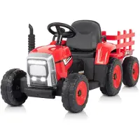 FCH 12V 7Ah Elektrotraktor mit abnehmbarem Anhänger und 2,4G Fernbedienung, Kinder Aufsitztraktor mit LED Lichtern, Musik, Hupe & USB Funktionen, Rot