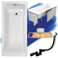 Besco Badewanne Rechteck Set 5in1 150x70 mit Premium Ablaufgarnitur und Füßen GRATIS + Verkleidung (Styropor) + Bambus Holzablage | BADLAND OPTIMAZ