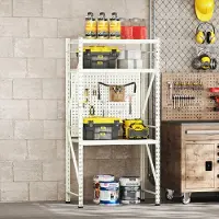 FlexiSpot Werkbank aus Stahl, Arbeitstisch mit Lochwänden und oberer Ablage, Lagerregal bis 200 kg, für Werkstatt, Lager, Büro und Haushalt (Grün)