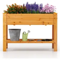 Costway Hochbeet, Erhöhtes Gemüsebeet aus Holz, Pflanzkasten mit Ablage, Entwässerungslöchern, Kräuterbeet groß, 120x60x81cm, Braun