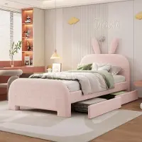 UnboxG Flaches Bett 90 x 200 cm, gepolstert, strapazierfähige Schafwolle, Hasenmotiv, zwei Schubladen, rosa