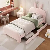 STILVORA Jugendbett 90×200 Ohne Matratze Polsterbett Kinderbett mit Kopfteil in Kaninchenform,Einzelbett mit Lattenrost und zwei Schubladen,Rosa