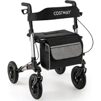 Costway Rollator faltbar, 2in1 Rollstuhl & Reiserollator mit Sitz, Luftbereifung, Tasche & Stockhalter, Gehhilfe höhenverstellbar bis 140kg Silber