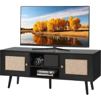 Vevor Rattan-TV-Ständer, Boho-TV-Schrank für 55-Zoll-Fernseher, Mid Century Modern TV-Ständer, Rattan-TV-Konsole mit verstellbaren Regalen für Wohnzimmer, Medienraum, schwarz