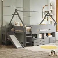 STILVORA Kinderbett 90x200 mit Rutsche und Sicherheitsgeländer, Hochbett mit Schubladen und Stauraum, Einzelbett mit dachförmigem Rahmen und Spielbereich Grau