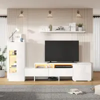 Merax TV Wohnwand Set 3-teilig mit LED, Hochglanz Wohnzimmermöbel mit TV-Schrank, Wandschrank und Wandregal, TV bis 70, Weiß