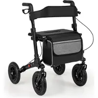 Costway Rollator faltbar, 2in1 Rollstuhl & Reiserollator mit Sitz, Luftbereifung, Tasche & Stockhalter, Gehhilfe höhenverstellbar bis 140kg Schwarz
