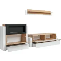 AEA Designer Weiß Wohnwand Luxus Kommode mit Kamin Einrichtung Wohnzimmermöbel