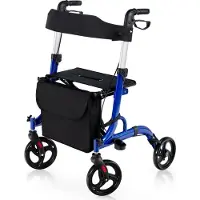Costway Rollator faltbar mit Sitz, 2in1 Ruhestuhl & Reiserollator, Gehhilfe 6-fach höhenverstellbar, Gehwagen mit Tasche, Stockhalter & 2 Bremsen Blau