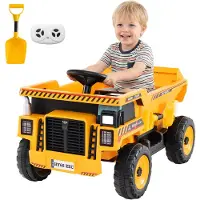 Costway 24V Kinder Elektro-Kippwagen, 4-Rad Baumaschine mit Kippmulde, Schaufel, Fernbedienung, Musik, sanftem Anlauf, Kinderfahrzeug für Kinder 3-8