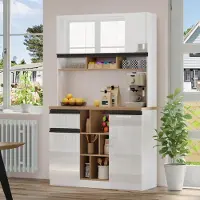 MODFU Küchenschrank moderner Sideboard mit Schubladen und offener Stauraum,Aufbewahrungsschrank mit Hochglanztüren und Metallgriffe,weiß