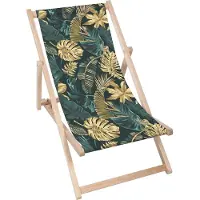 Dreamroots Liegestuhl klappbar Holz, bis zu 130 kg, Sonnenliege klappbar mit 3-stufiger Neigungsregulierung der Rückenlehne, Monstera Gold Green