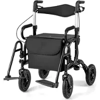Costway 2in1 Rollator & Rollstuhl faltbar mit Sitz, Luftbereifung, Tasche & Stockhalter, Gehhilfe 6-fach höhenverstellbar bis 140kg Alu Schwarz
