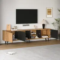 MODFU TV-Schrank Fernsehschrank Wohnzimmerschrank Spleiße lowboard mit 3 Schränken,assend für 75-Zoll-Fernseher,Holzfarbe + schwarz
