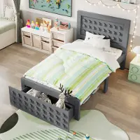 OKWISH Kinderbett 90x200,Jugendbett mit Kreativem Block Design, Holzbett mit Lattenrost, Einzelbett mit Schubladen,Ohne Matratze,Grau