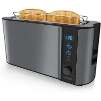 Arendo Toaster 2 Scheiben, Langschlitztoaster, Langschlitz, Edelstahl, 1000W, Display mit Restzeitanzeige, Brötchenaufsatz, Defrost Funktion, Wärmeisolierendes Gehäuse, grau