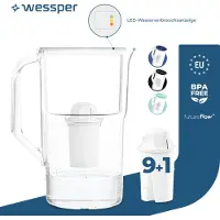 Wessper Wasserfilterkanne 3,3 Liter mit LED-Zählwerk Classic Filterkaraffe kompatibel mit Brita Classic Filter -weiß | 10x Filter enthalten