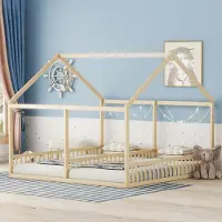 Ulife Einzelbetten Zwillingsbett Hochbett mit Rausfallschutz, Kieferholz & MDF, 90x200 ,Natur
