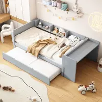 STILVORA Holzbett 90x200cm Ohne Matratze,Jugendbett mit 90x180-ausziehbarem Bett,Plattformbett mit Schreibtisch&Regalen,Einzelbett mit Lattenrost, Grau