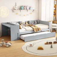 Flieks Kinderbett 90x200cm mit Ausziehbett, Einzelbett Holzbett mit Schreibtisch und Regal, Klassisches Bett für Kinderzimmer, Grau