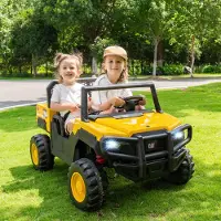 Costway Kinder Elektroauto 2-Sitzer, 24V Kinderauto mit Kippmulde, Schaufel, Fernbedienung, Scheinwerfern, Hupe, Musik, USB&Bluetooth für Kinder 3+