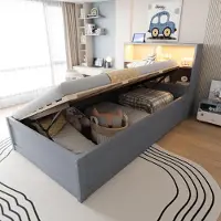 STILVORA 90x200 Schlafsofa mit USB-Steckdose,Tagesbett mit Staufächern und LED-Licht,Einzelbett hydraulisches Bett für Gäste,Kinder oder Jugend,Grau(mit Matratze)