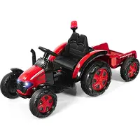 Costway 12V Traktor mit 2,4G Fernbedienung und abnehmbarem Anhänger, 2-in-1 Kinder Aufsitztraktor mit Scheinwerfer, Hupe, MP3-Player & USB-Anschluss, Elektrotraktor für Kinder 3-8 Jahren (Rot)