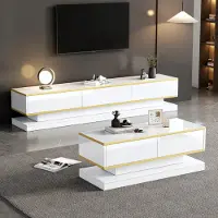 Merax Wohnwand Wohnzimmermöbel Set - TV Lowboard und Couchtisch, Wohnzimmer-Set mit Push-to-Open Schubladen, modern Hochglanz Weiß mit Goldrand