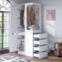 OKWISH Minimalistischer Garderobenschrank Kleiderschrank mit vier seitlichen Schubladen,Kleidungsschrank Drehtürenschrank Kleiderregal mit mühelosem Zugriff,Weiß
