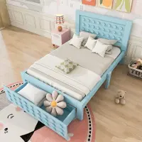 OKWISH Kinderbett 90x200,Jugendbett mit Kreativem Block Design, Holzbett mit Lattenrost, Einzelbett mit Schubladen,Ohne Matratze,Blau