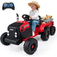 Costway Elektro Traktor mit Anhänger, 24V Aufsitztraktor mit Fernbedienung, Musik, USB, Sanft-Start & LED, Elektrotraktor für Kinder 3+ Rot