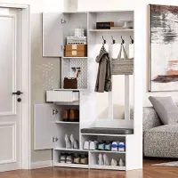 STILVORA Garderobenset Flurgarderobe mit Sitzbank und 4 Haken,Beistellschrank mit Türen und Schubladen ,Aufbewahrungsschrank mit Schuhschrankfunktion,Weiß
