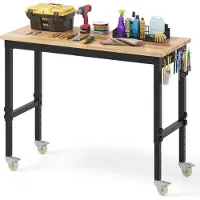 Costway Verstellbare Werkbank, Werkstatt Arbeitstisch mit Rollen & 122cm Arbeitsfläche, Werkbanktisch Werkzeugtisch bis 1100kg Metallrahmen Gummiholz