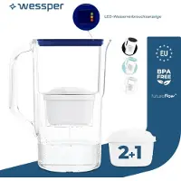 Wessper 2,8 l Wasserfilterkrug mit LED-Zähler Kompatibel mit Brita Maxtra | Set aus 3 Wasserfilterkrug + Wasserfilterkartusche - Blau