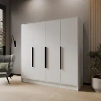 Beautysofa Drehtürenschrank PAVIA 200 cm Moderner Kleiderschrank mit glatten Türen, Weiß mit schwarze Griffe