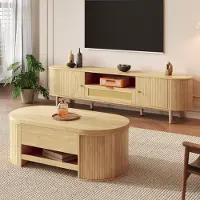 Merax Wohnzimmermöbel-Set mit abgerundete Kanten, höhenverstellbarer Couchtisch und TV-Schrank, Möbelset in Holzoptik, Stauraum