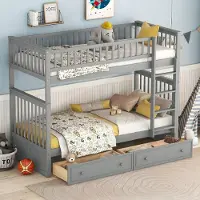 SUCCESS COURIER Etagenbett 90x200 cm aus Kiefernholz & MDF Kinderbett funktional mit 2 Schubladen & Lattenrost umwandelbar in 2 Einzelbetten wackelfrei Grau (Ohne Matratze)