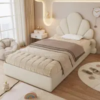 MODFU Kinderbett 90x200 ohne Matratze Jugendbett mit geschwungenen Blütenblättern,Einzelbett mit Rutschfestes Bodendesign,Beige