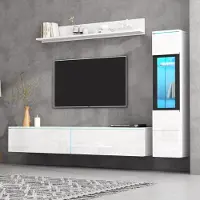 Sweiko TV Wohnwand Set 3-teilig LED Beleuchtung Hochglanz Weiß Wohnzimmer Möbel Set Frontale Wohnwand Weiß 1 x TV Schrank, 1 x Wohnzimmer Vitrine, 1 x Hängeregal