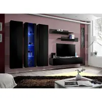 AEA Holzmöbel Wohnwand Wandschrank Schwarz TV-Ständer Garnitur Hänge Vitrine