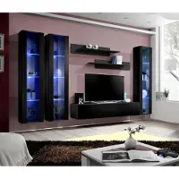 AEA Schwarz Wohnwand Hänge Vitrine Set 6 tlg Wohnzimmer Garnitur Modern Holzmöbel
