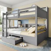 SUCCESS COURIER Etagenbett, 90×200 cm, Einzel-Kinderbett mit Schubladen & Staufächern, ohne Matratze, Grau