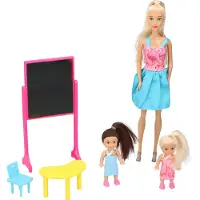 Huismerk Set Puppen - Thema Schule - 1 große Puppe, 2 kleine Puppen - mit Tafel, Tisch und Stuhl - 29 CM