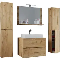 VCM 5-tlg. Waschplatz Waschtisch | Waschbecken Unterschrank Breite 60 cm | Badmöbel Set mit Schubladen Drehtüren Spiegel | Lendas XL Schublade