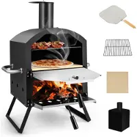 Costway Outdoor Pizzaofen, 2-lagigem Pizza Ofen mit Grillrost, Pizzastein, Pizzaschaufel, wasserdichter Abdeckung, hitzebeständigen Griffen & klappbaren Beinen, für Picknick, Party, Camping