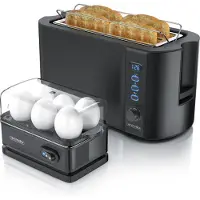 Arendo - Set Toaster FRUKOST mit Eierkocher SIXCOOK Edelstahl Schwarz, Toaster 4 Scheiben, LED-Display, 6 Bräunungsgrade, Brötchenhalter - Eierkocher 1-6 Eier, Messbecher